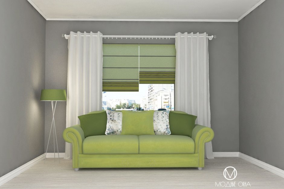 Римская штора и зеленая тюль