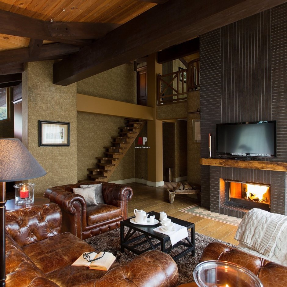 Гостиная в стиле Шале с камином