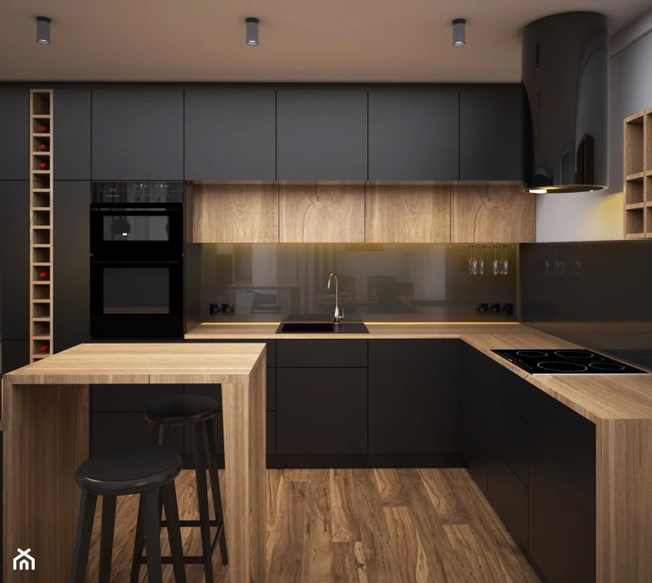 Кухня темная с деревом