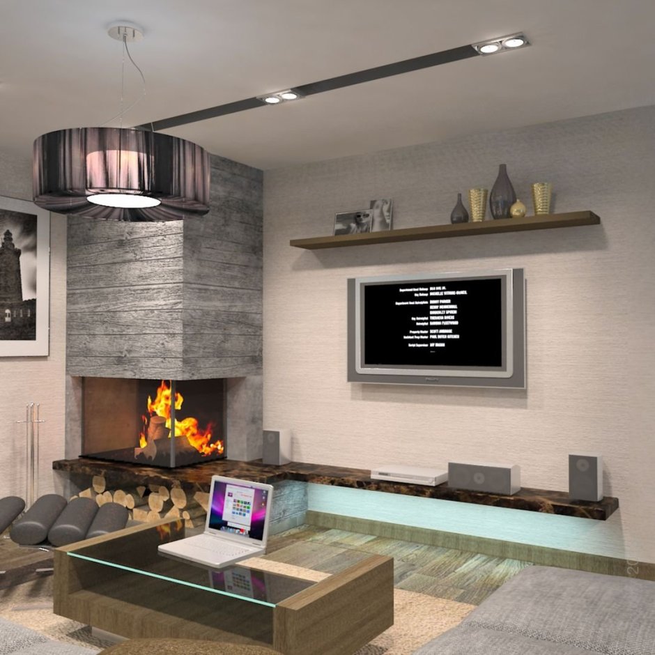 Гостиная с биокамином в современном стиле