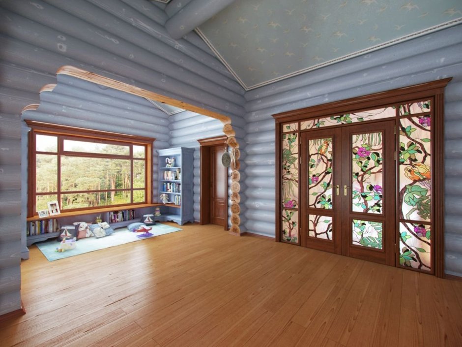 Бревенчатый дом с витражными окнами