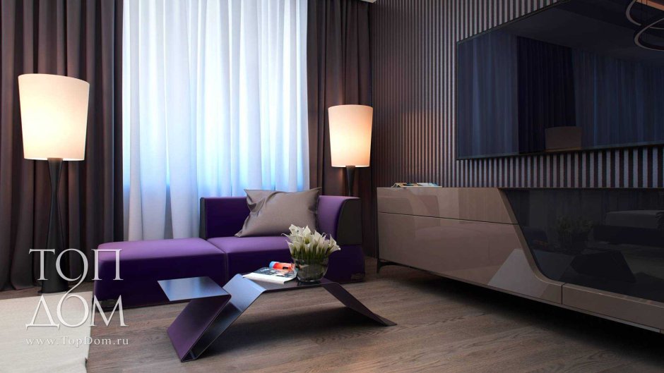 Сиреневые шторы в интерьере гостиной
