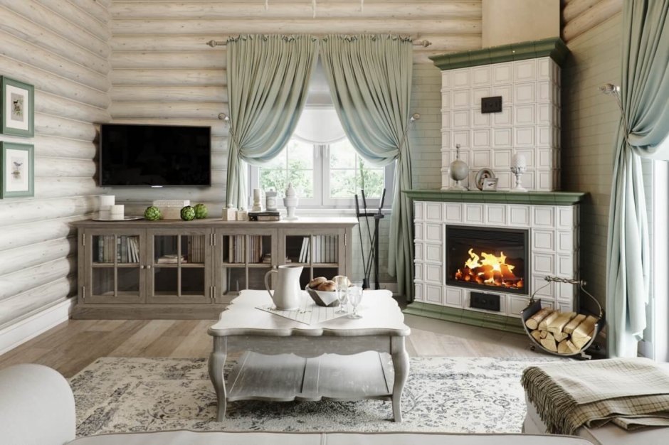 Гостиная Прованс Кантри в бревенчатом