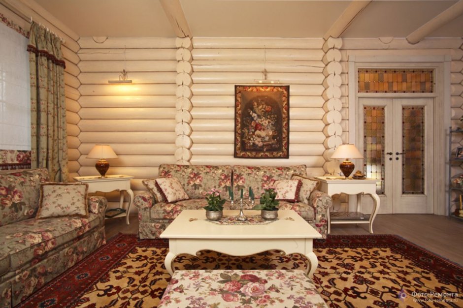Гостиная Прованс Кантри в бревенчатом