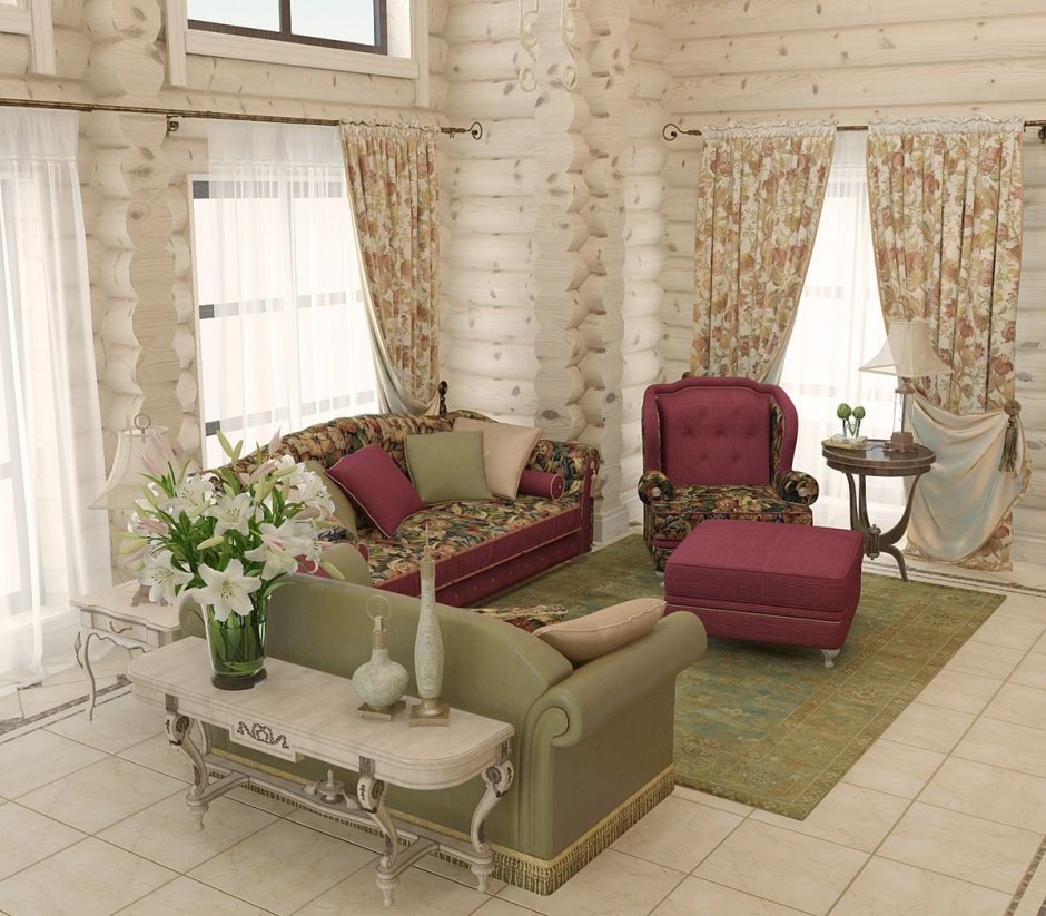 Гостиная Прованс Кантри в бревенчатом