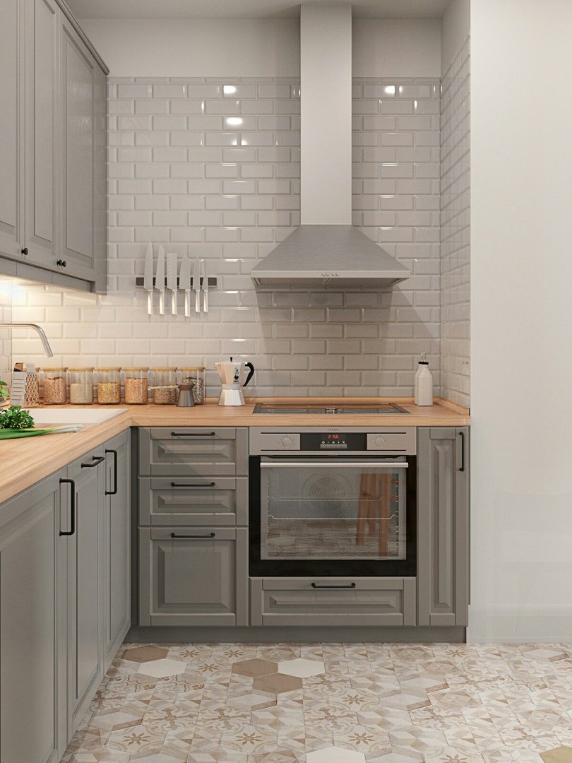 Кухня икеа серая с деревянной столешницей