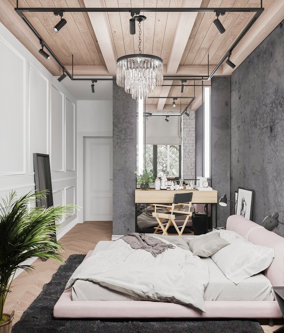 Спальня в стиле лофт и классика