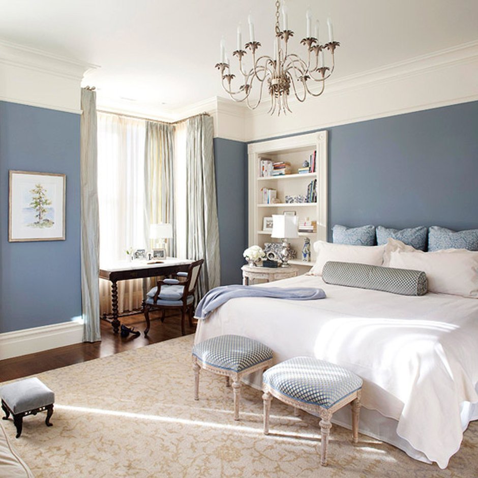 Синий и серый в интерьере спальни
