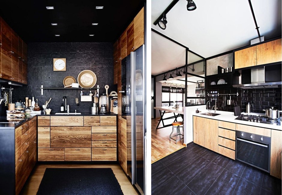 Интерьер черный с деревом