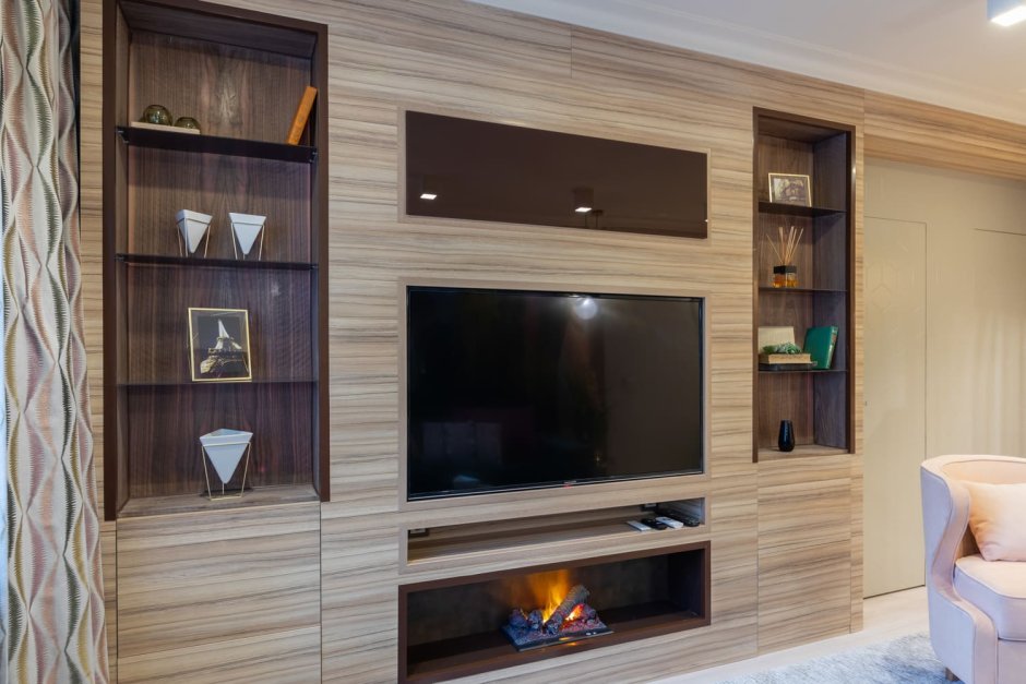Стенка в гостиную с камином и телевизором