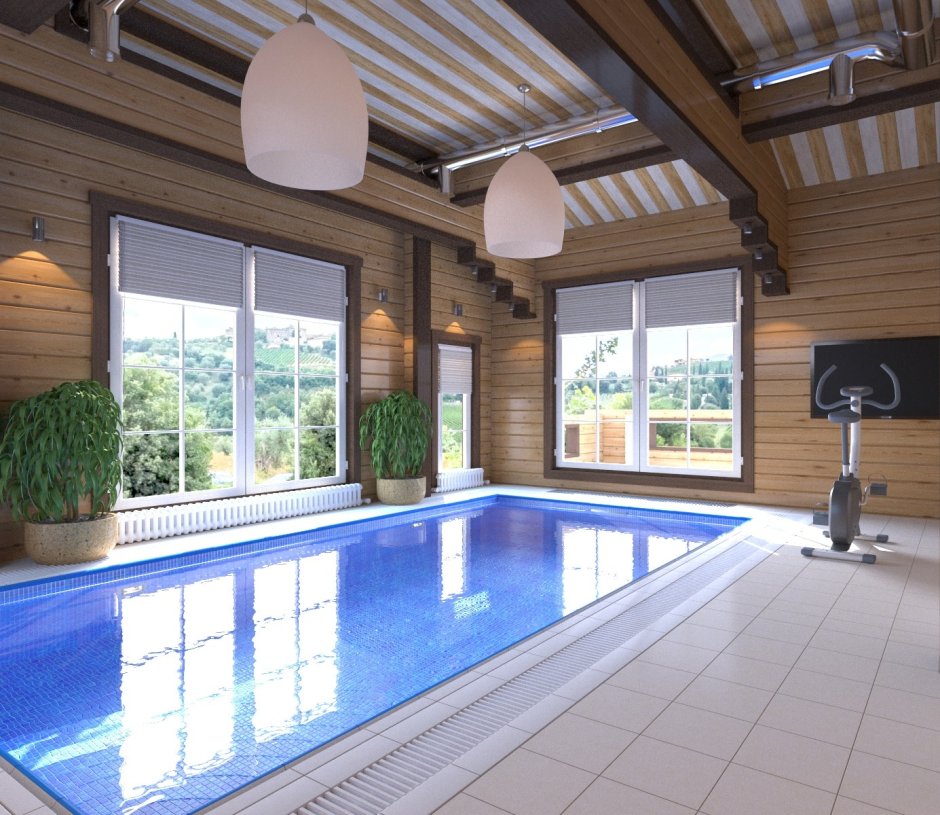 Деревянный дом с бассейном