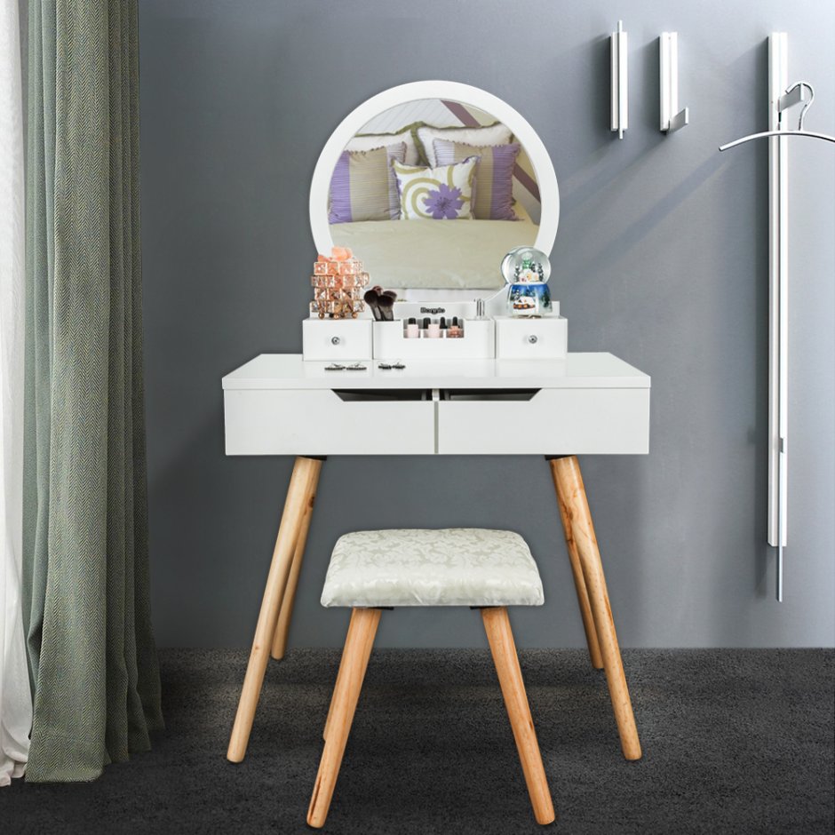 White Vanity Makeup Dressing Table Set w/Stool 4 Drawer&Mirror Jewelry Wood Desk destroyed