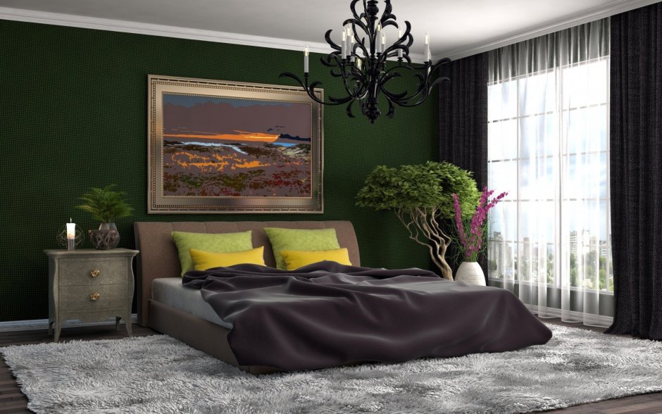 Серо зеленая спальня