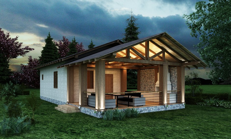 Баня с беседкой под односкатной крышей