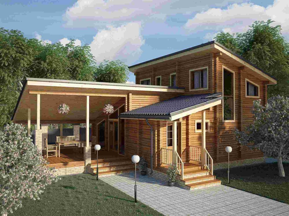 Двухэтажная баня с верандой