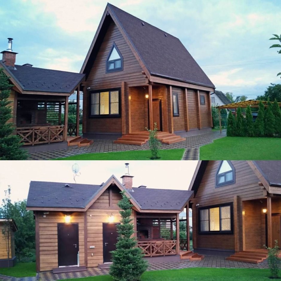 Деревянная баня рядом с деревянным домом