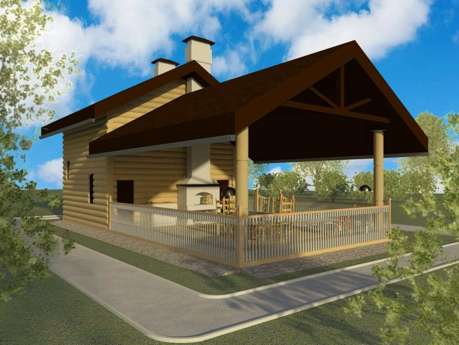 Баня с двухскатной крышей и террасой