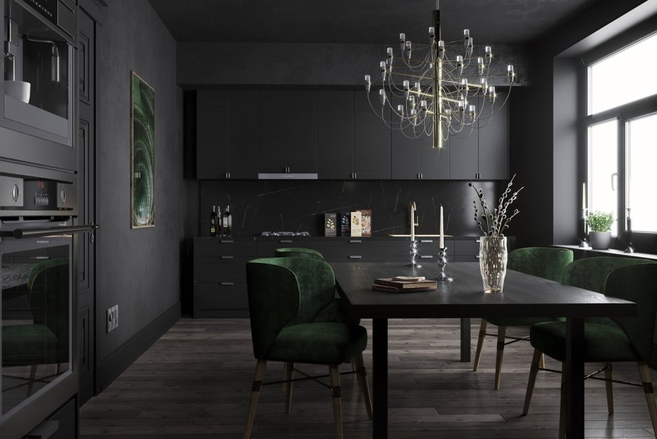 Изумрудный и чёрный цвет в кухне