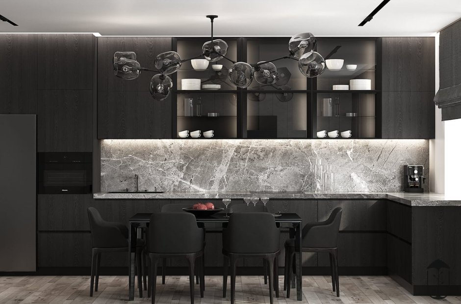 Серая кухня с черным фартуком