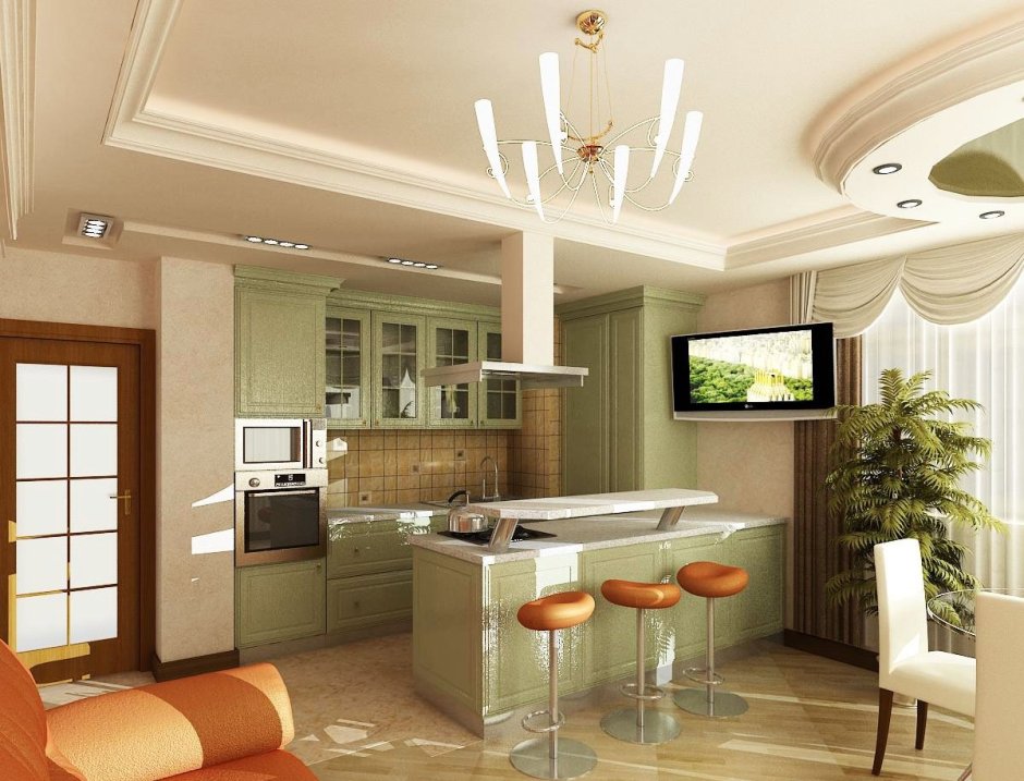 Интерьер зала с кухней