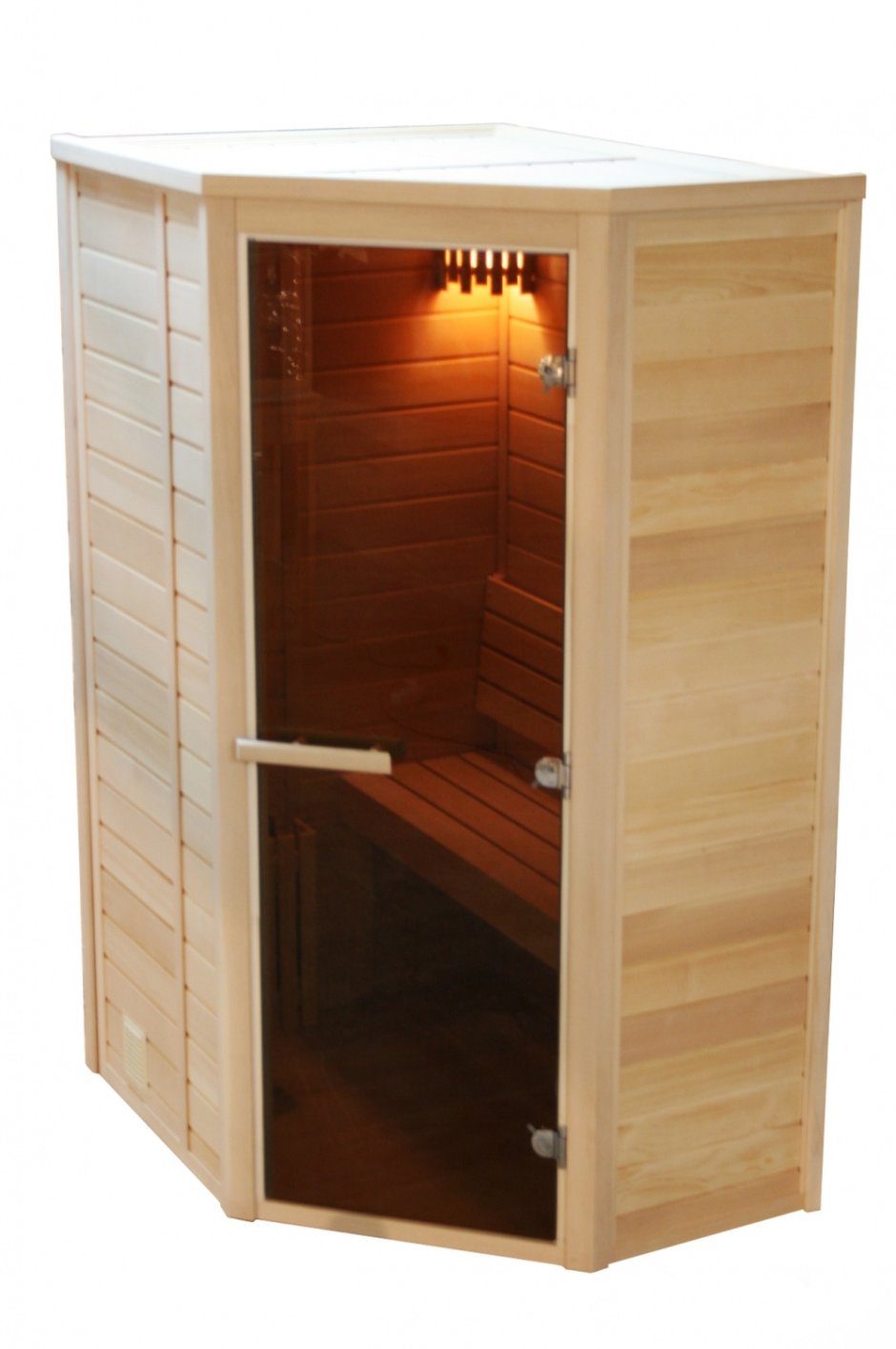 Угловая финская сауна с электрокаменкой