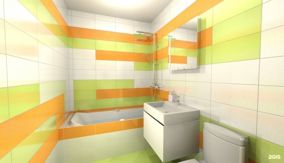 Зеленая и оранжевая плитка в ванную