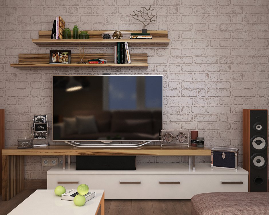 Полки над телевизором в гостиной