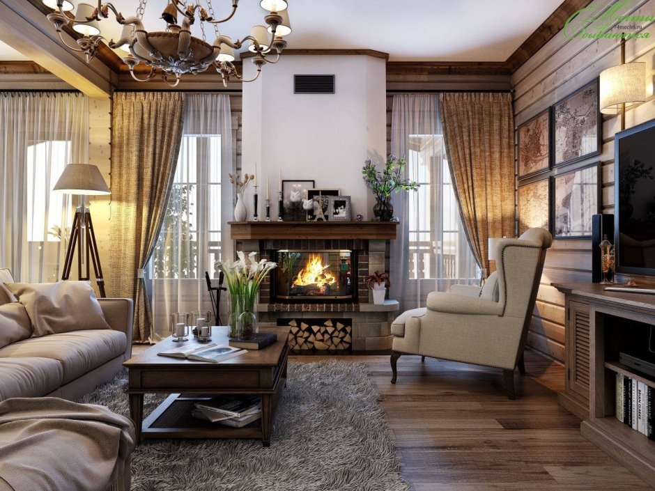Гостиная дома с камином