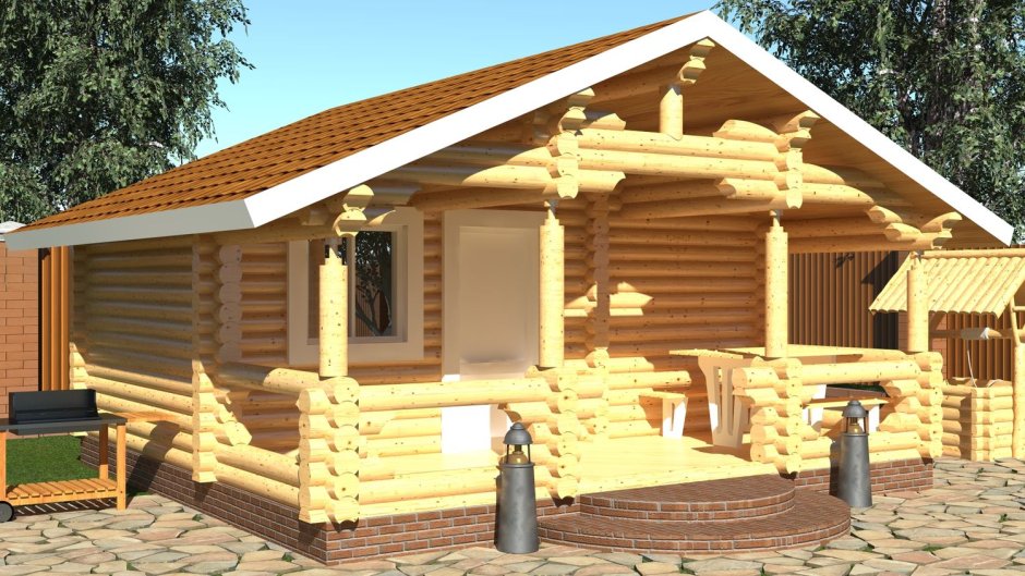 Баня 4 на 4 с террасой из бревна