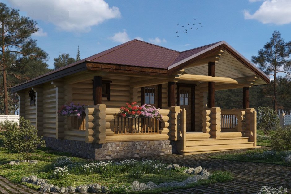 Баня из оцилиндрованного бревна с террасой