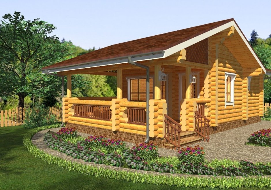 Баня из бревна 6х8 с большой террасой
