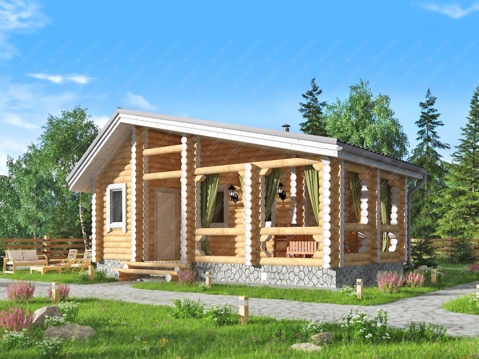 Баня из оцилиндрованного бревна 6х6 с верандой
