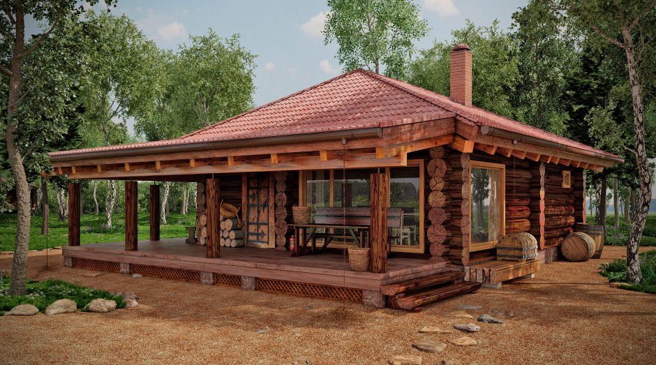 Одноэтажный дом-баня из бревна с террасой