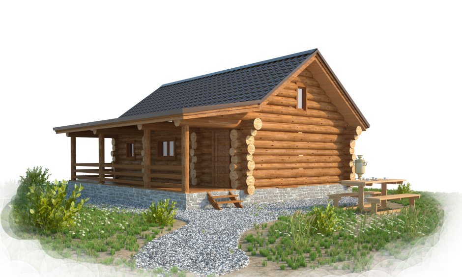 Баня из бревна с террасой 5 на 5