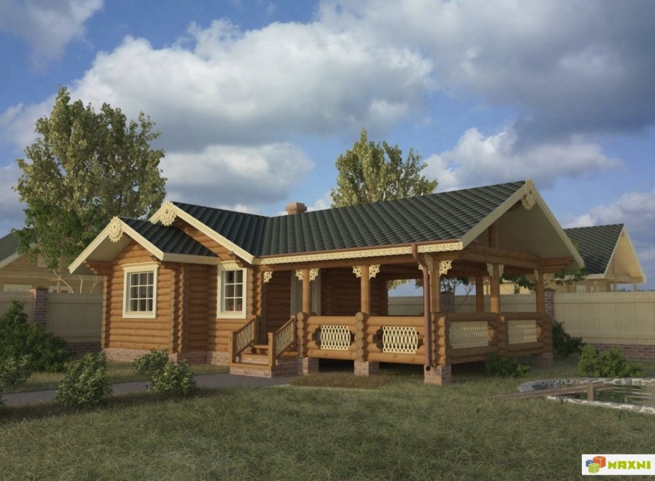 Баня из бревна с террасой