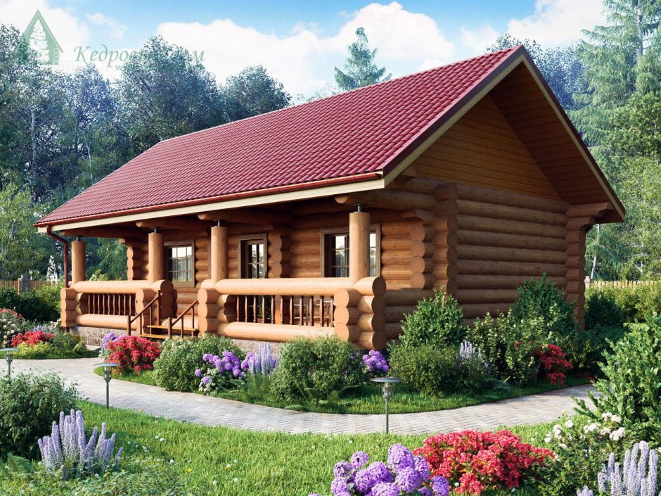 Баня из бревна с открытой верандой