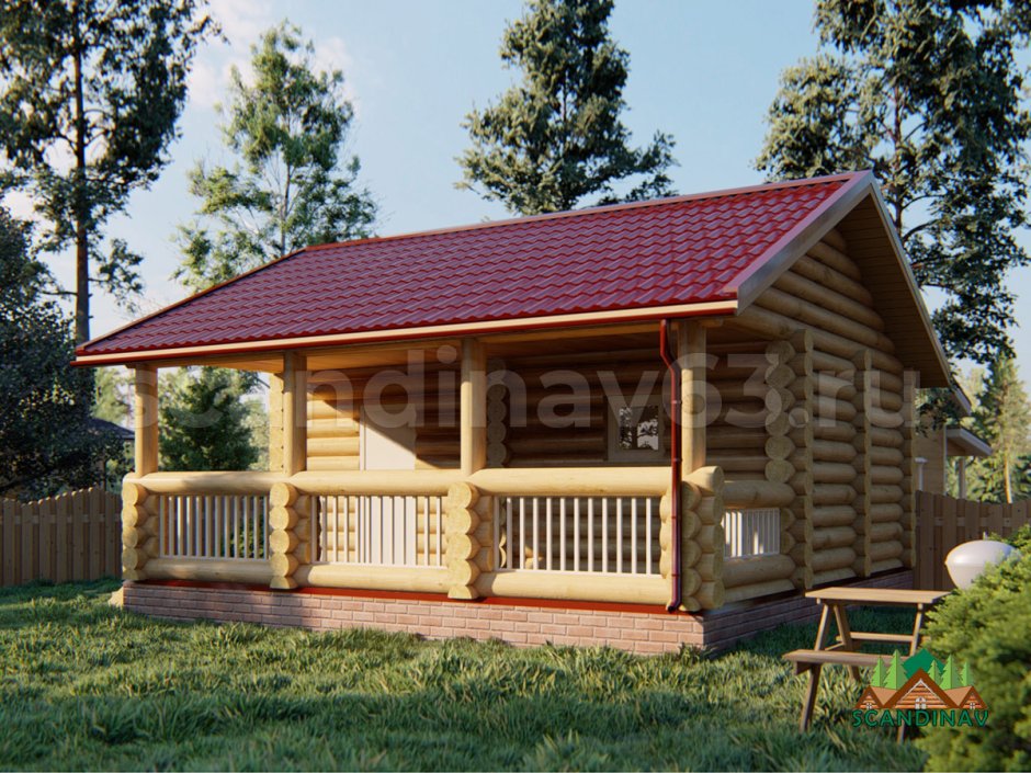 Баня 6х6 с террасой из бревна