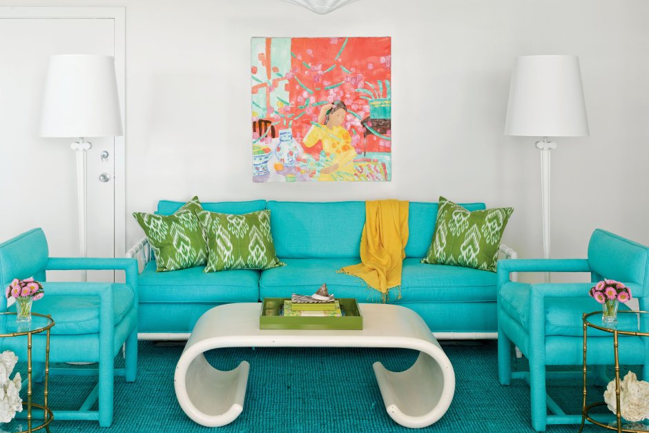 Бирюзовый желтый и розовый в интерьере