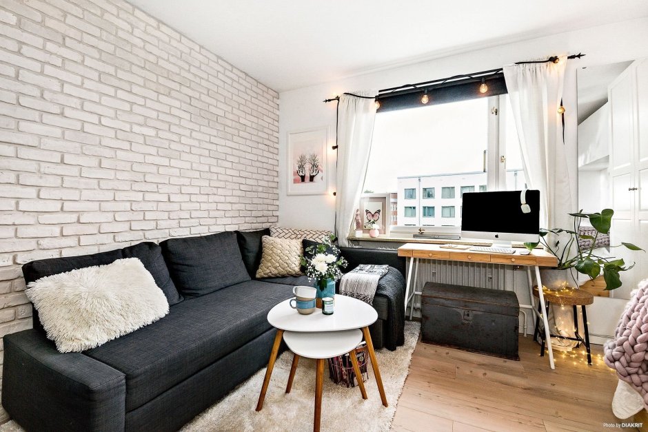 Гостиная лофт белый кирпич