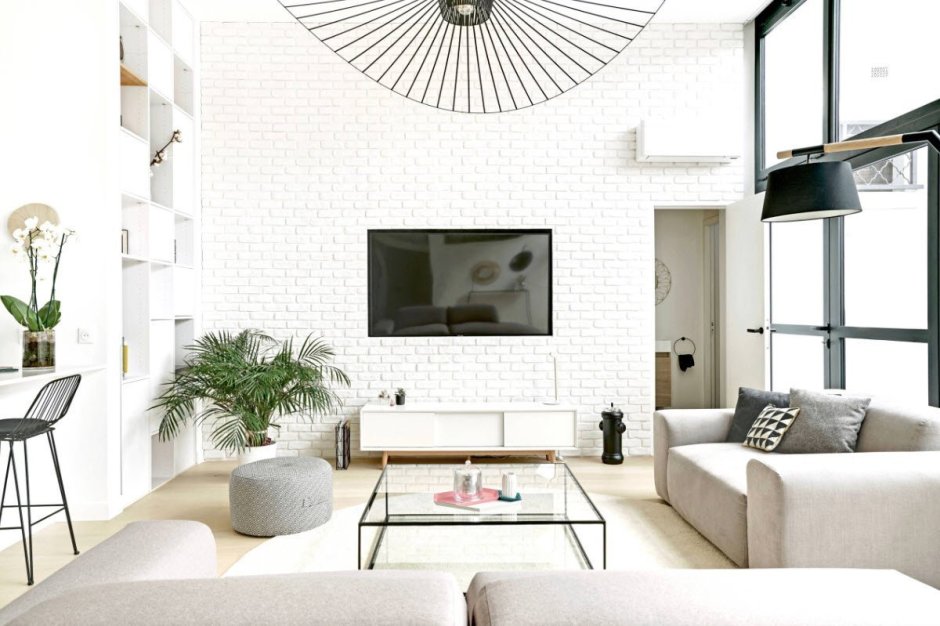 Гостиная кирпичная стена белая лофт