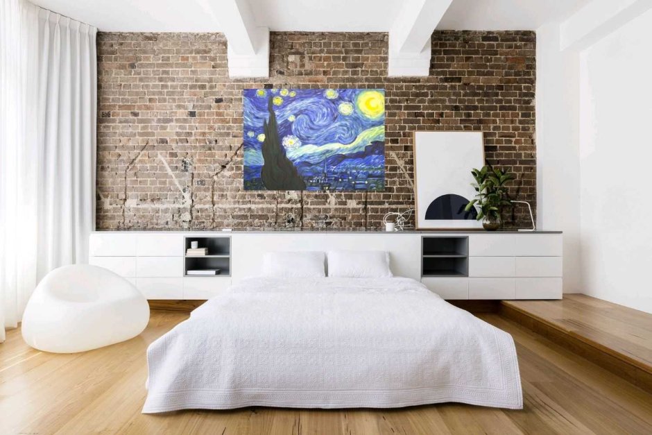 Спальня в стиле лофт белый кирпичик