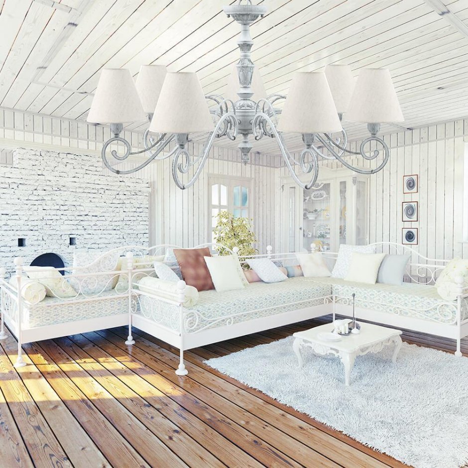 Белый деревянный потолок в интерьере