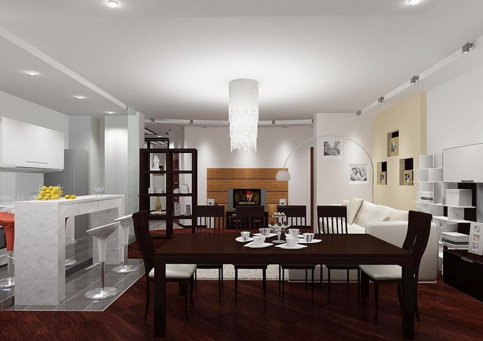 Интерьер гостиной совмещенной со столовой