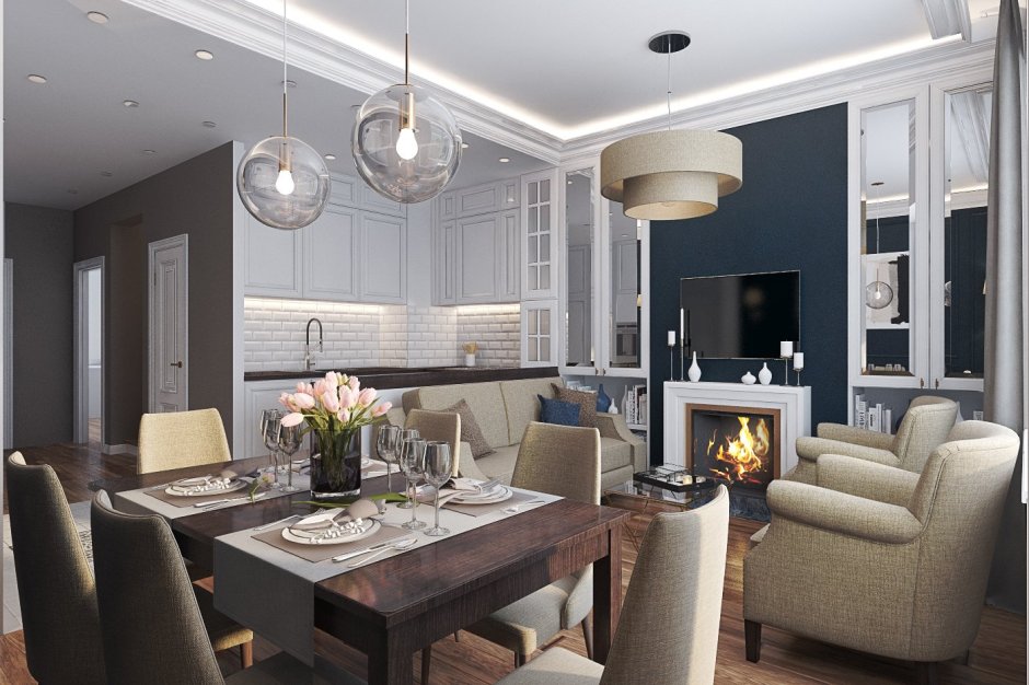 Кухня-гостиная в современном стиле с элементами классики
