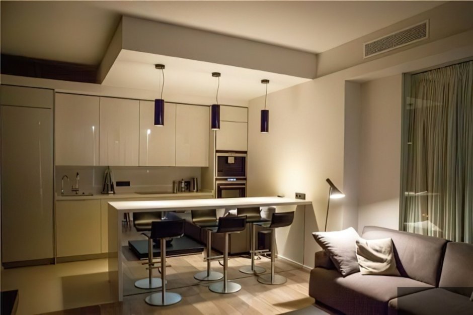 Объединенная кухня гостиная Минимализм