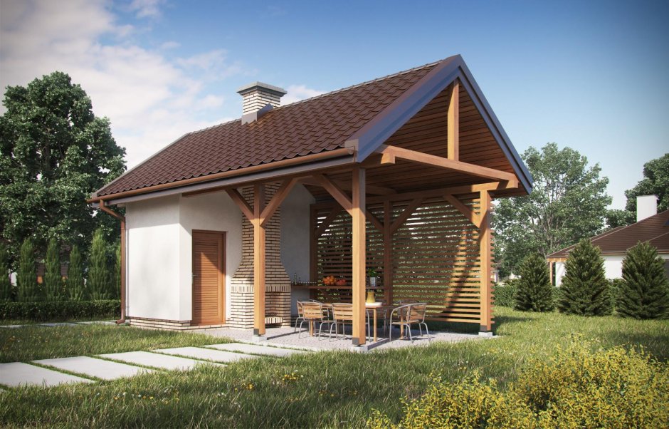 Баня с двускатной крышей и террасой