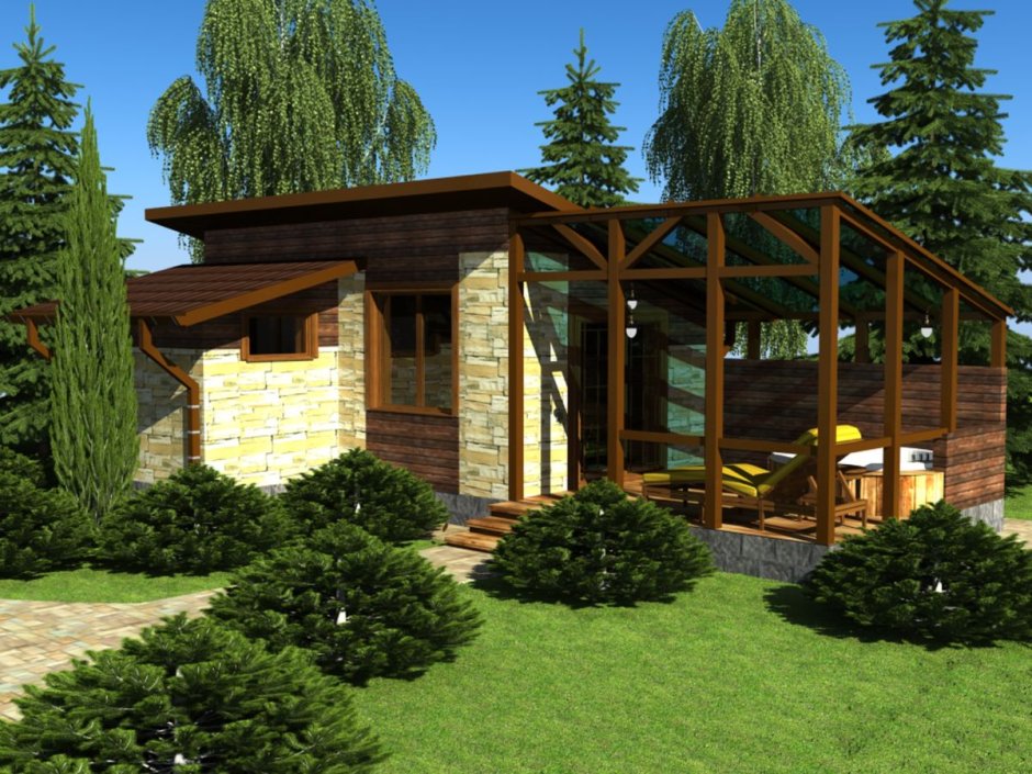 Односкатная крыш баня беседка-барбекю