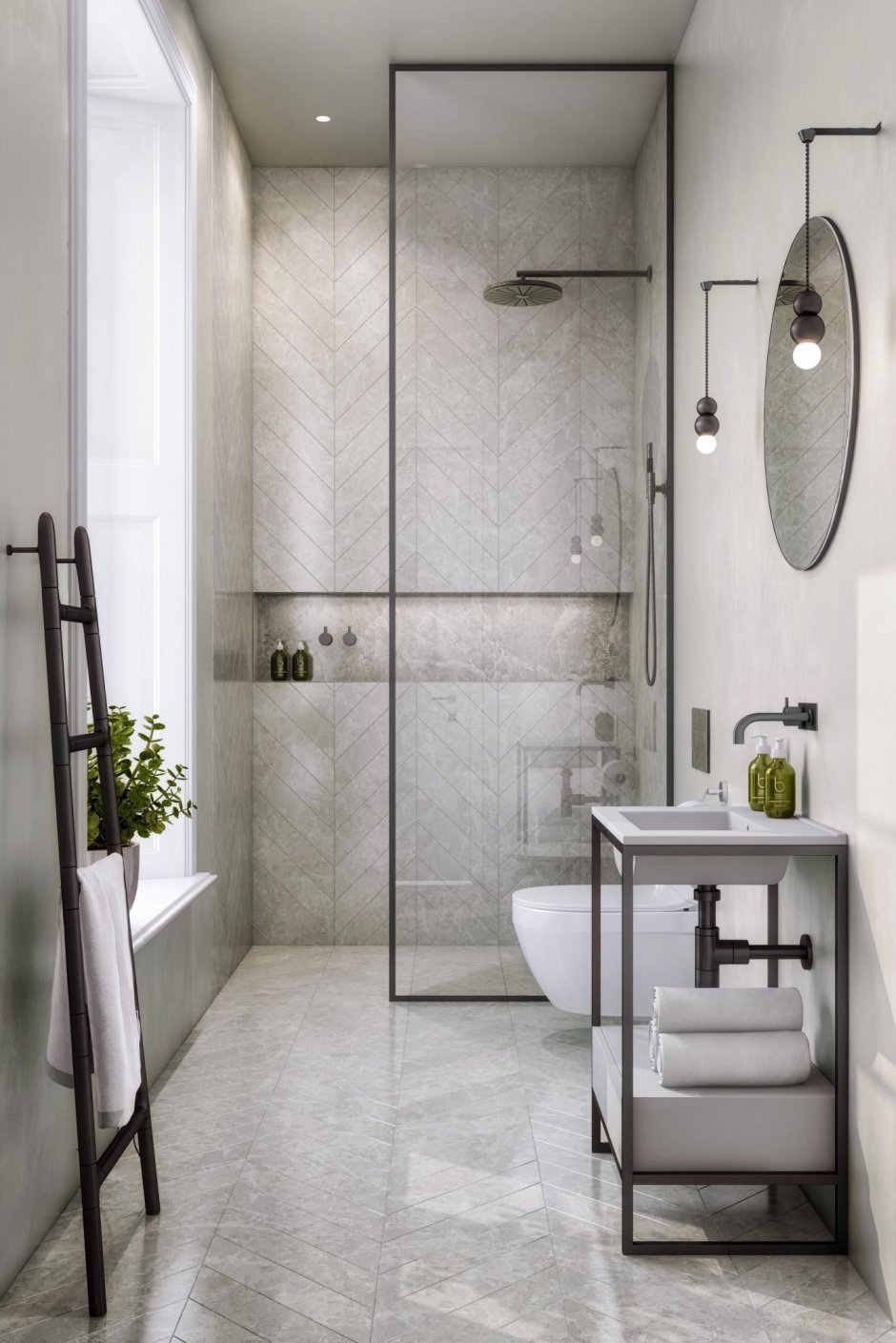 Интерьер ванной комнаты с душевой