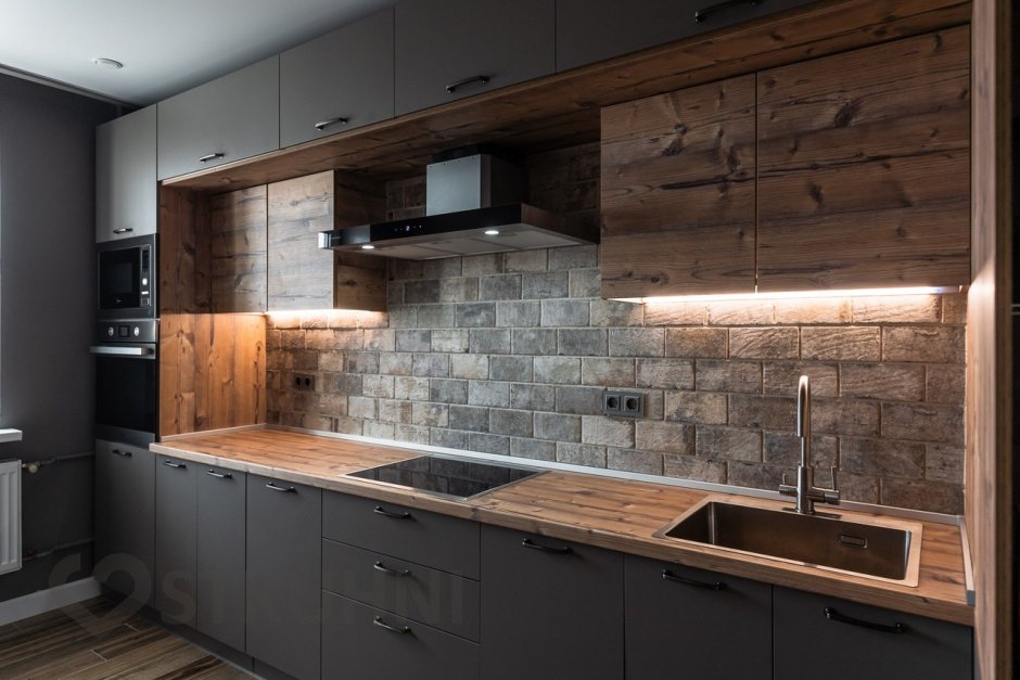 Кухня лофт бетон и дерево