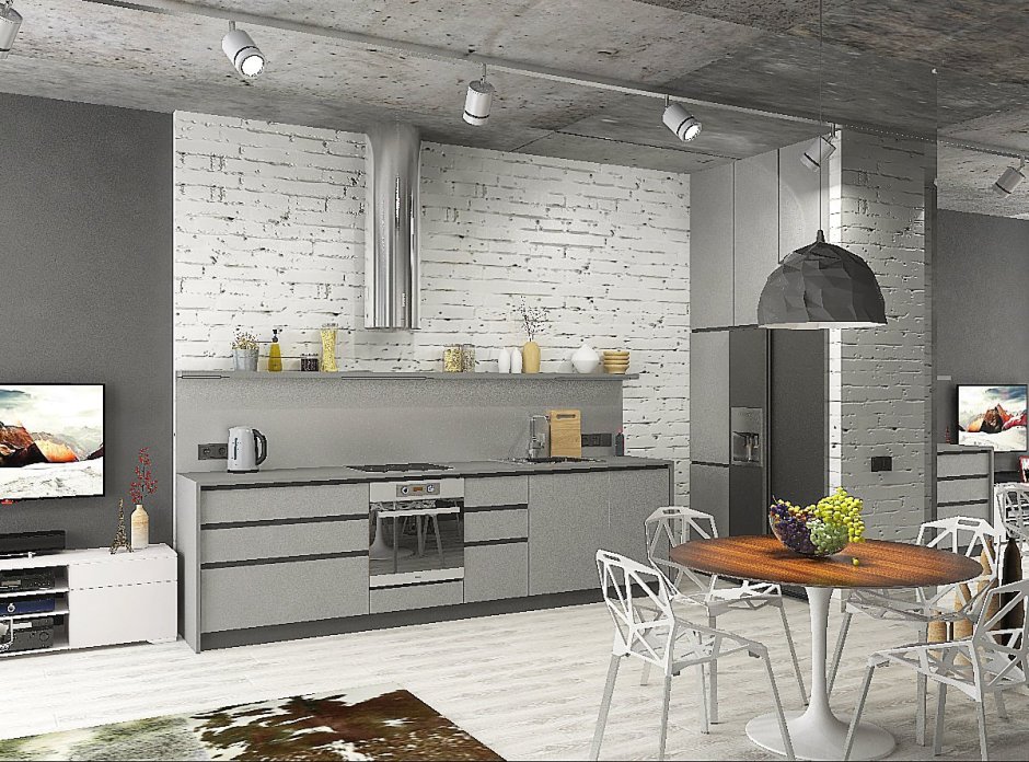 Кухня лофт бело серая 2м